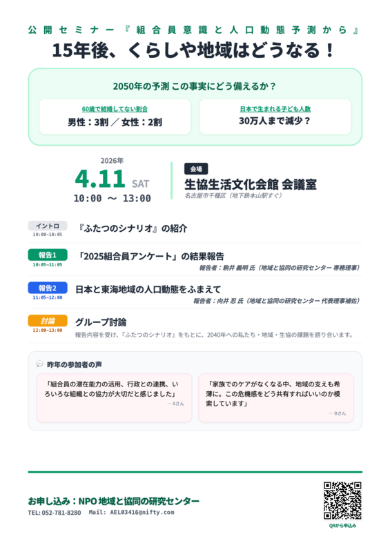 4/11（土）10：00～　15年後、くらしや地域はどうなる！ 公開セミナー『組合員意識と人口動態の予測から』